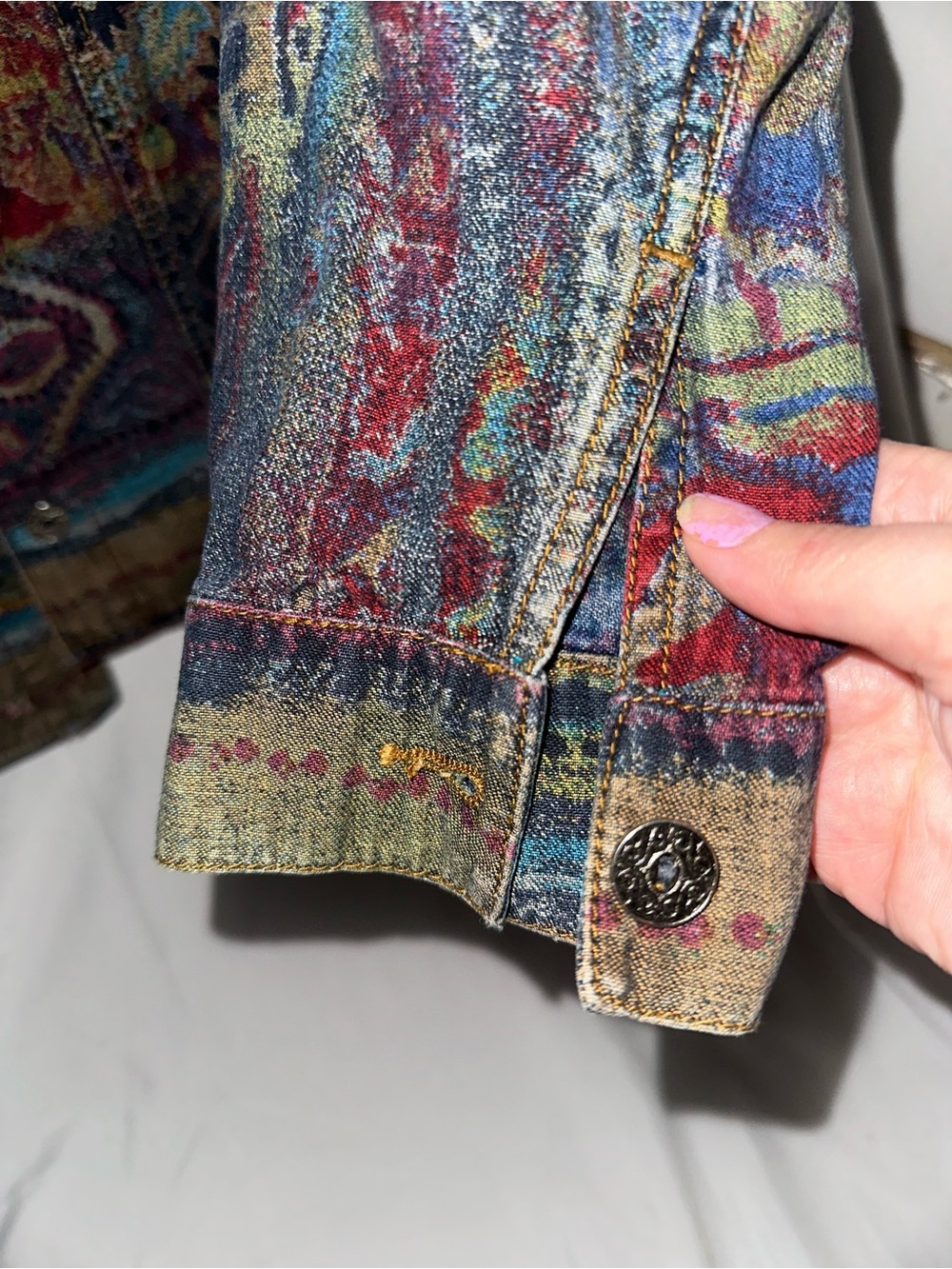 Chico’s Size 2 Boho Tapestry Print Multicolor Cotton Jacket - Picture 7 of 11